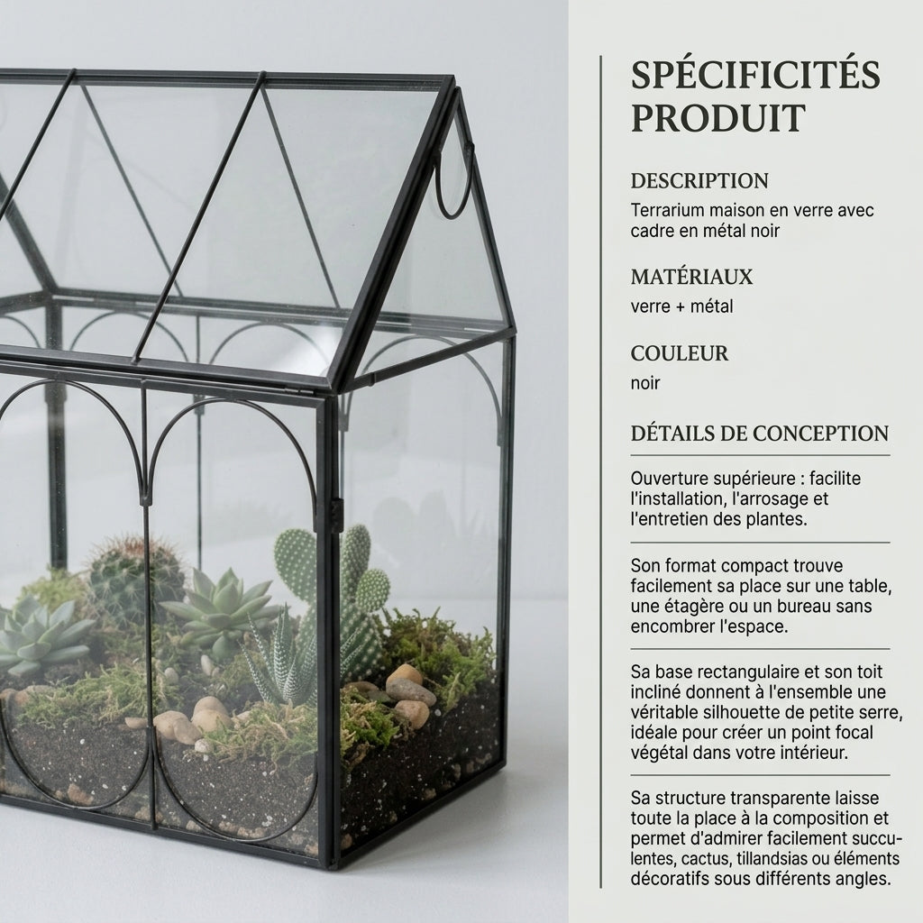 Terrarium maison en verre avec cadre en métal noir