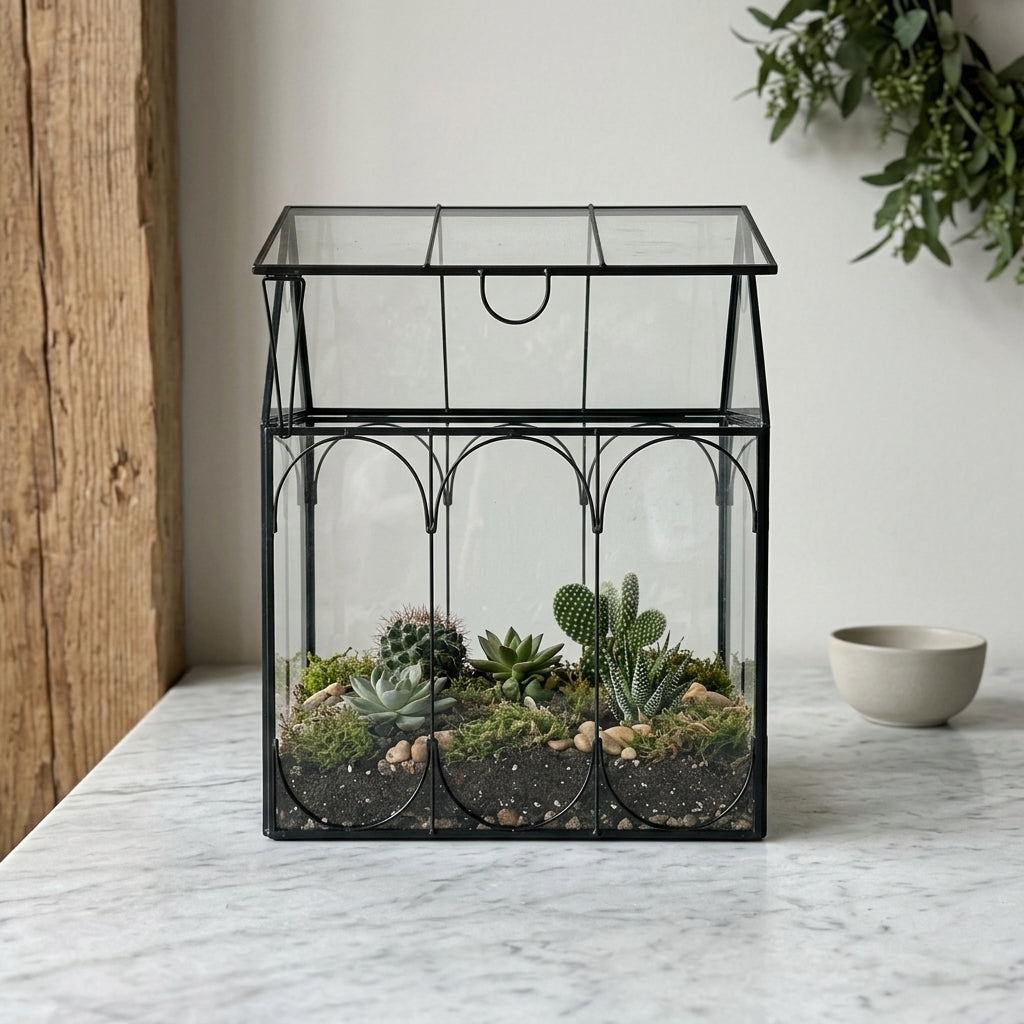 Terrarium maison en verre avec cadre en métal noir