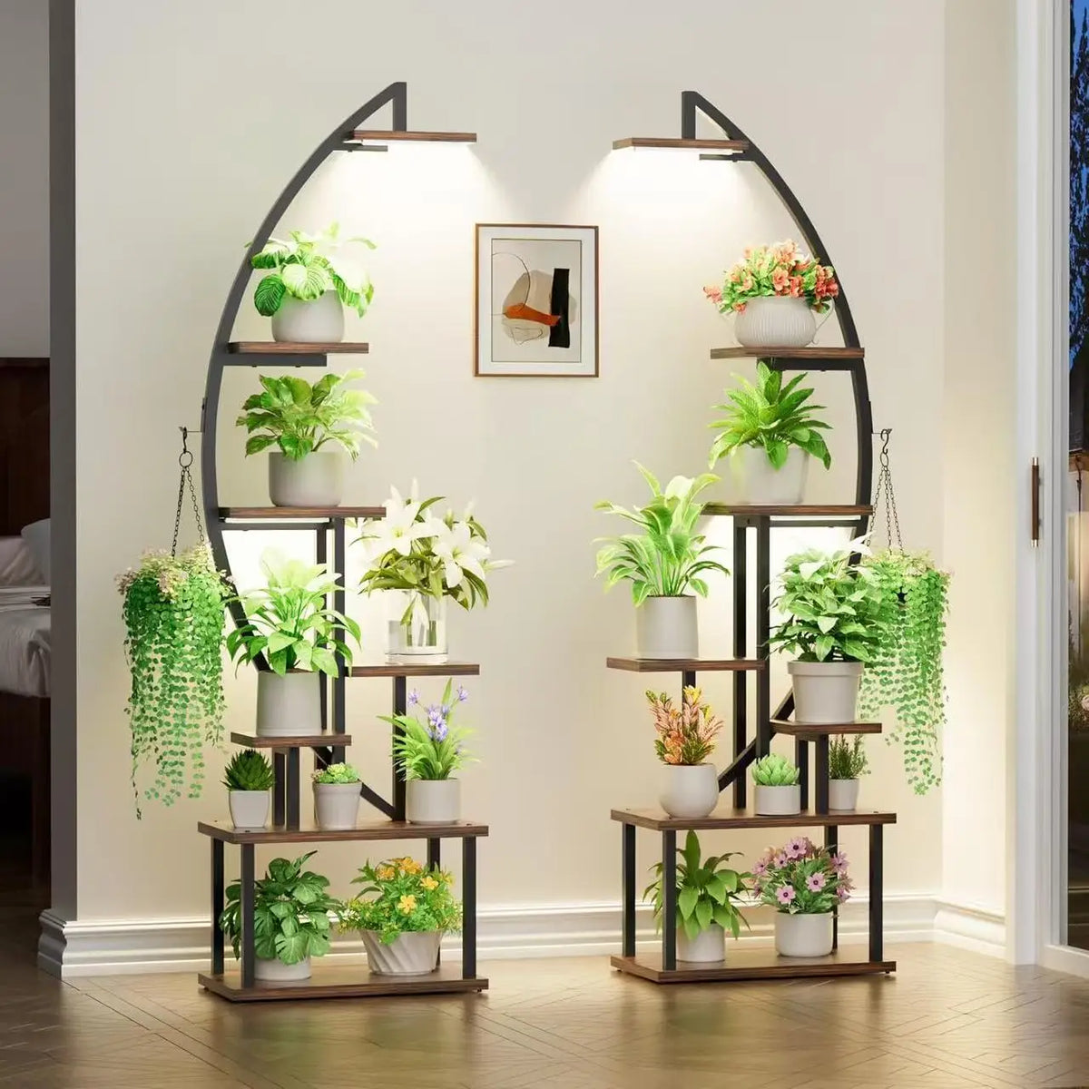 Étagère porte-plantes en acier et bois pour intérieur