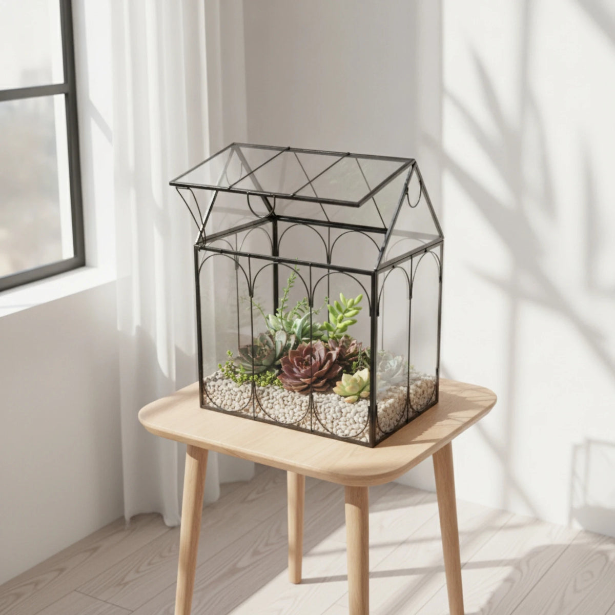 Terrarium maison en verre avec cadre en métal noir