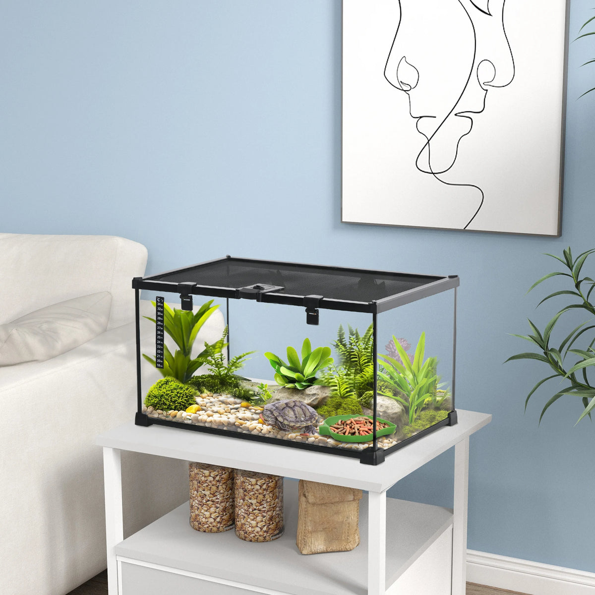 Terrarium en verre 50 × 30 × 25 cm avec couvercle grillagé et porte d’alimentation